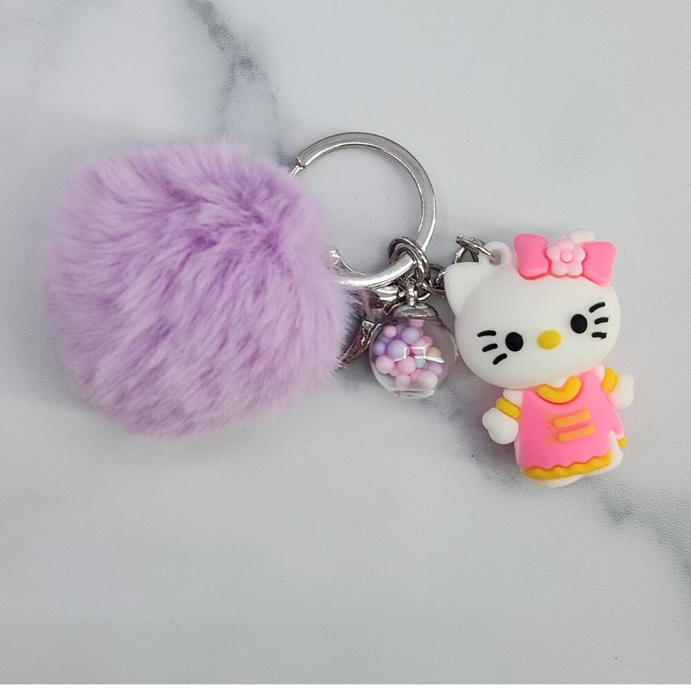 Hello Kitty 3D Figure Keychain puff ball & mini bead filled bubble Pink Dress
